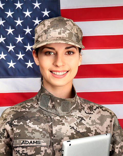 Passport Photo of a white woman standing in front of an American flag background